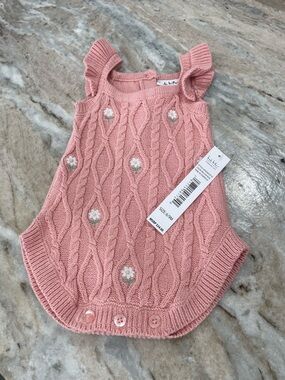 Nicole Miller Pink Cable-Knit Floral Baby Romper